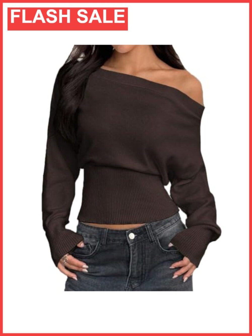 Women Off Shoulder Cinched Waist Knitted Sweater Top Asymmetrical Neck Long
